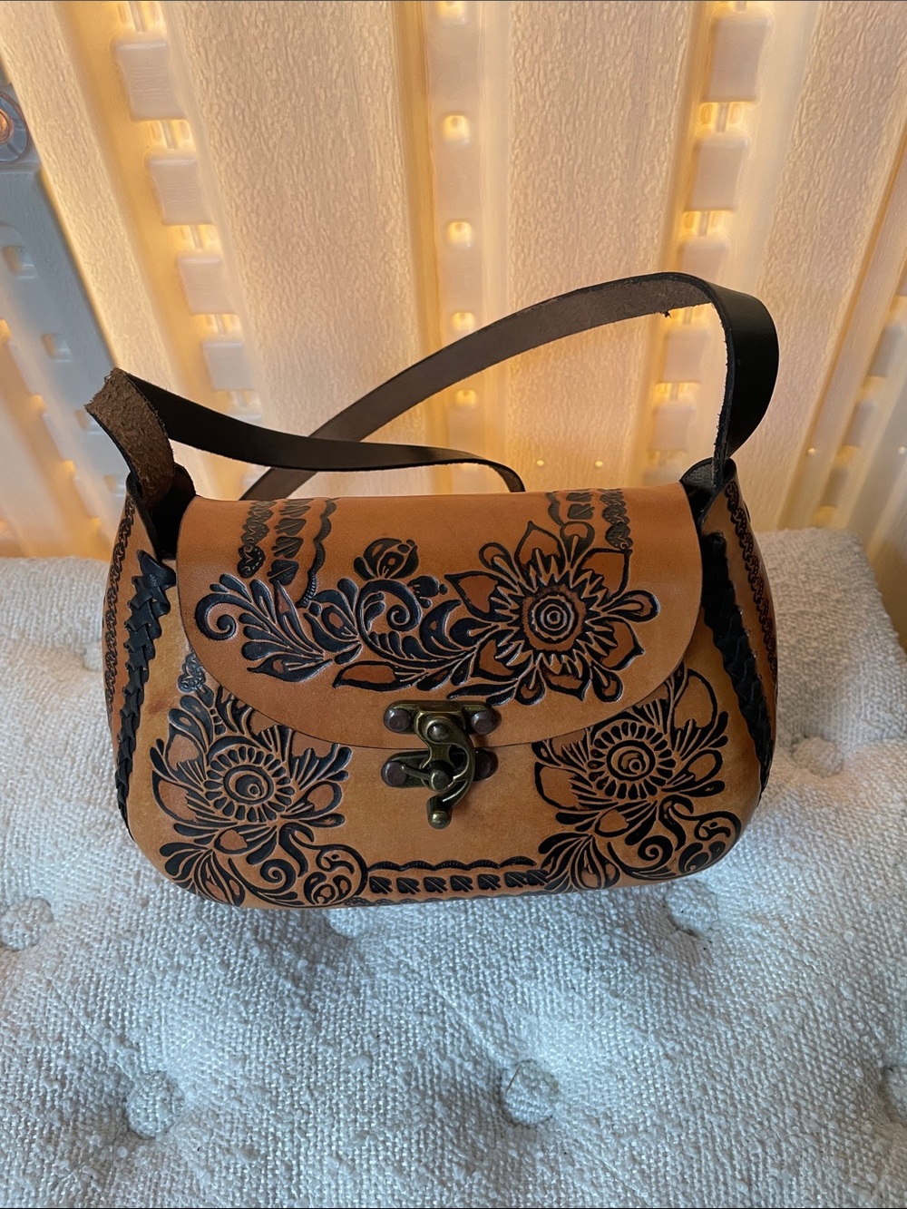 Brown Floral-Stamped Leather Crossbody Bag